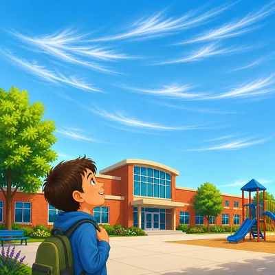 Thin white streaky clouds high above a school.