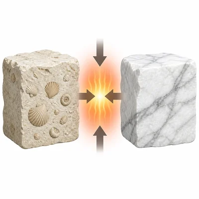 Limestone changed by heat and pressure into veined marble.