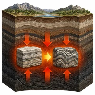 A buried sedimentary rock changing under heat and pressure.