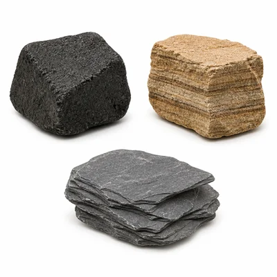 Three rock samples with volcanic, layered, and flat sheet-like textures.