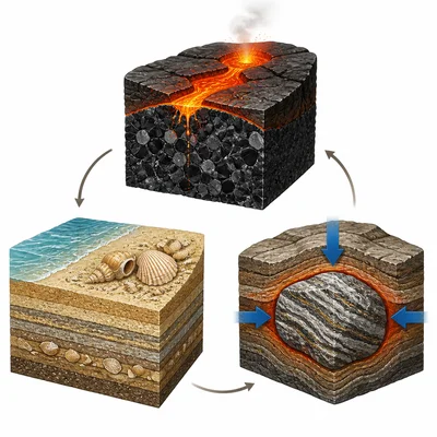 Three rock-forming processes: cooling lava, pressed sediments, and heat with pressure.