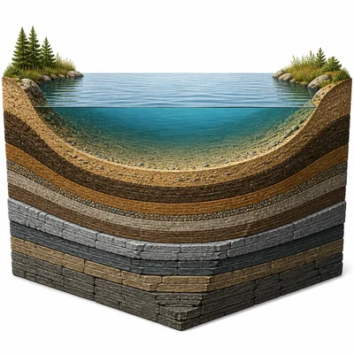 Sediment layers settling at the bottom of a lake and forming layered rock.