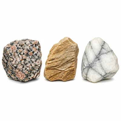 Three rock samples showing speckled, layered, and veined textures.