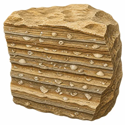 Layered rock with small shell pieces inside.