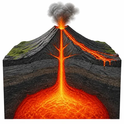 Magma below the surface and lava flowing on the surface.