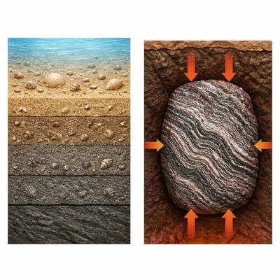 Sedimentary layers compared with rock changed by heat and pressure.