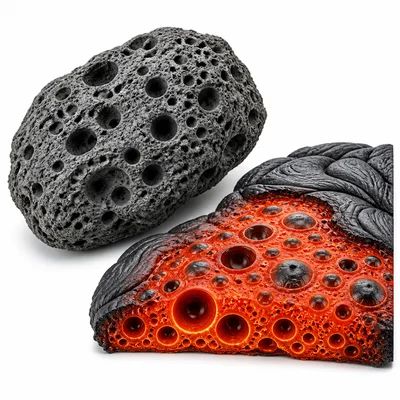 Porous rock forming as lava cools with trapped gas bubbles.