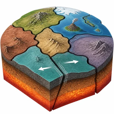 Tectonic plates moving along a fault and causing ground shaking.