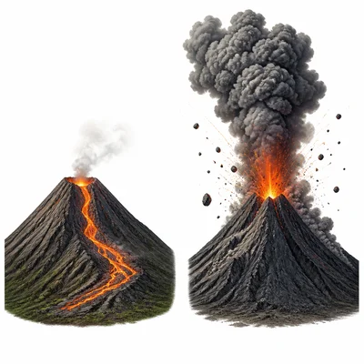 Quiet volcanic eruption compared with explosive volcanic eruption.