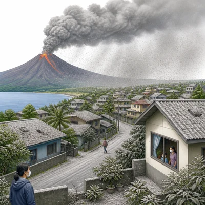 Volcanic ash spreading to a town even though lava does not reach it.