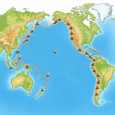 Map of volcanoes and earthquakes around the edges of the Pacific Ocean.