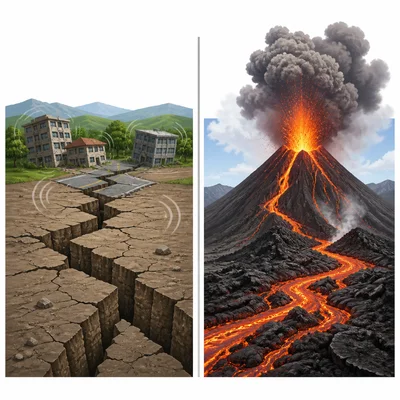 Earthquake on a fault shown separately from a volcanic eruption.
