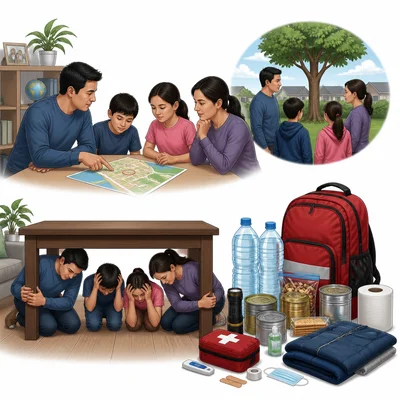 Family earthquake safety plan with emergency kit, meeting place, and safe shelter.