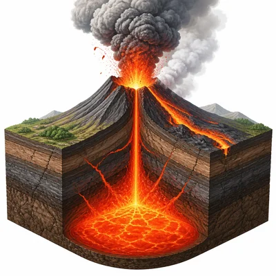 Volcano cutaway showing molten rock underground and lava on the surface.