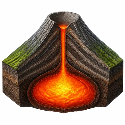 Unlabeled volcano diagram showing crater, vent, and magma chamber.