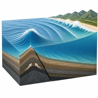 Underwater earthquake lifting the seafloor and forming large ocean waves.