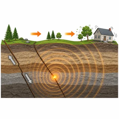 Sequence of an earthquake: fault slip, seismic waves, and ground shaking.