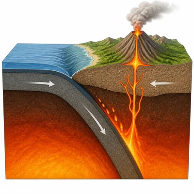 Volcano forming near a tectonic plate boundary where one plate sinks beneath another.