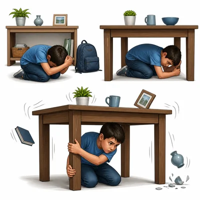 Child demonstrating earthquake safety actions: drop, cover, and hold on.