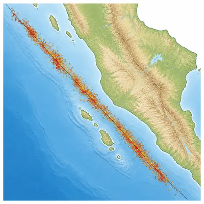 Small earthquakes forming a line across a map, suggesting a fault or plate boundary.