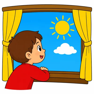 A child looks out a window at sunny weather.