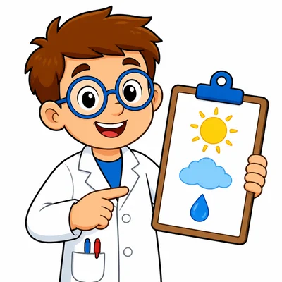 A scientist studies weather symbols on a clipboard.