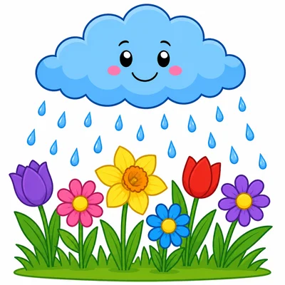 Rain falls on spring flowers.