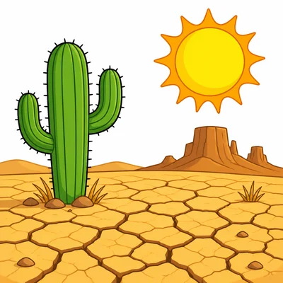 A hot dry desert with sun and cactus.