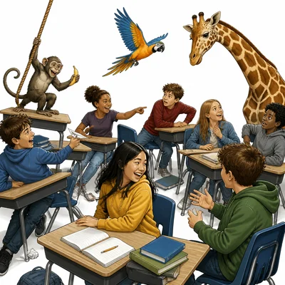 A chaotic classroom mixed with friendly zoo animals.