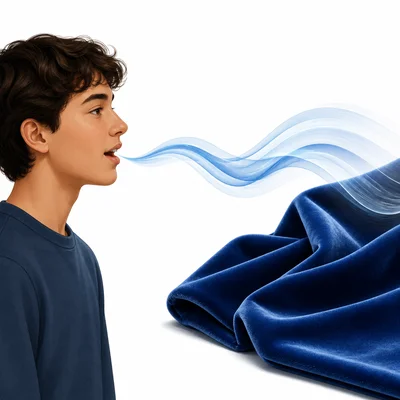 A gentle voice shown as a smooth ribbon beside soft velvet fabric.