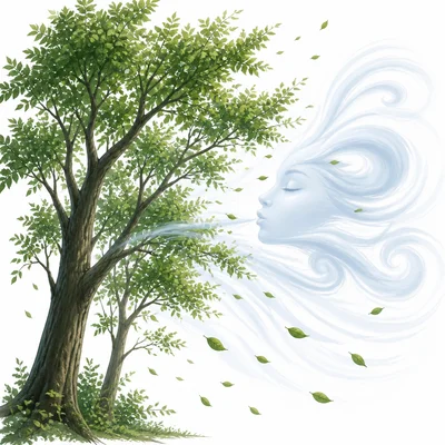 A soft wind with a face-like swirl moving through tree branches.