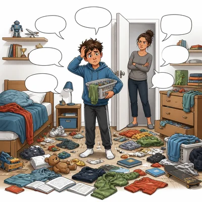 A parent repeatedly reminding a child to clean a very messy room.