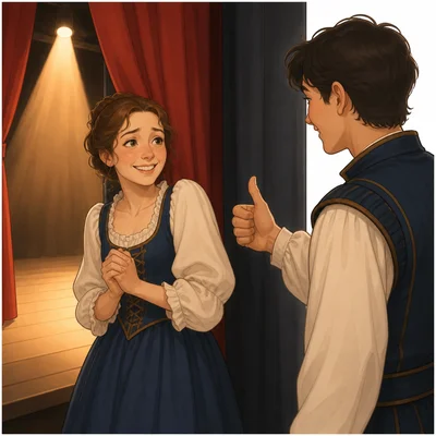 A performer receives an encouraging thumbs-up before going onstage.