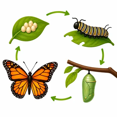 A butterfly life cycle showing eggs, caterpillar, chrysalis, and butterfly.