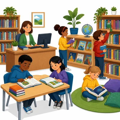 A library with books, a computer, a librarian, and children using resources.