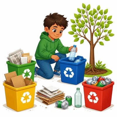 A child recycling bottles, paper, cardboard, and cans near a small tree.