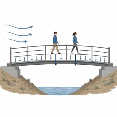 Pedestrian bridge with people, downward load arrows, and wind arrows.