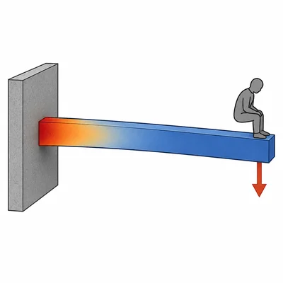 Cantilever beam bending with highest stress highlighted near the fixed support.