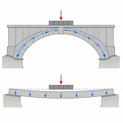 Arch bridge carrying load through curved force paths to the supports.