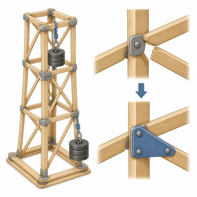 Craft-stick tower with a failed side joint and a reinforced joint design.