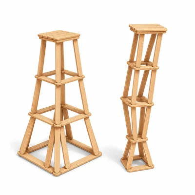 Two craft-stick towers, one wide-based and stable and one narrow-based and tilted.