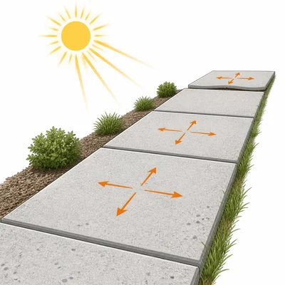 Sidewalk slabs with gaps and expansion arrows under warm sunlight.