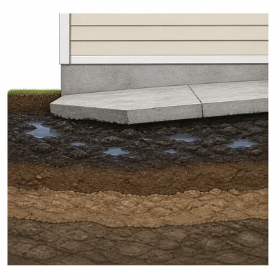 Foundation on soft wet soil, slightly sinking unevenly.