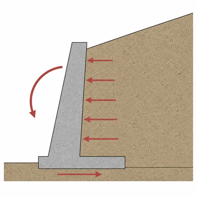 Retaining wall with soil pressure, sliding, and overturning forces indicated.