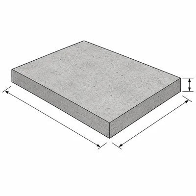Rectangular concrete slab with its length, width, and thickness indicated.
