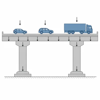 Bridge deck with permanent structure and vehicles shown as downward loads.