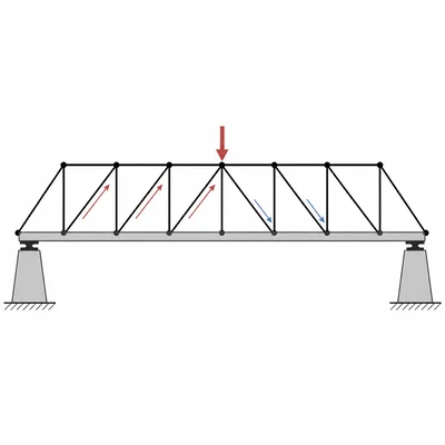 Truss bridge formed from triangles with a load applied to the deck.