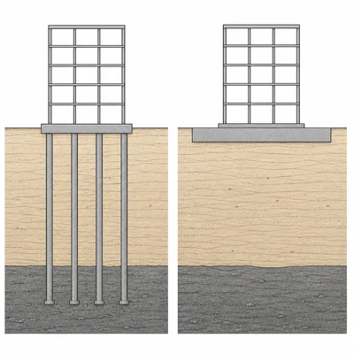 Two foundation options on soft soil: deep piles and a wide mat foundation.