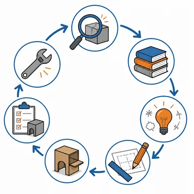 Icon-based circular diagram of the engineering design process.