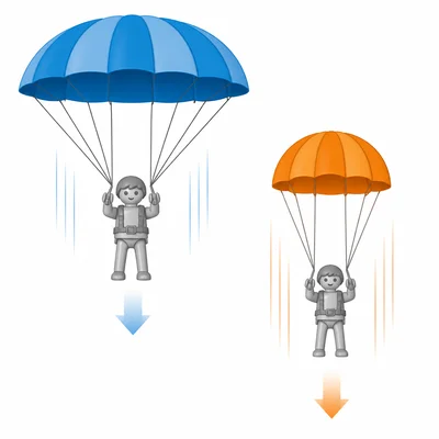 Two toy parachutes falling at different speeds.